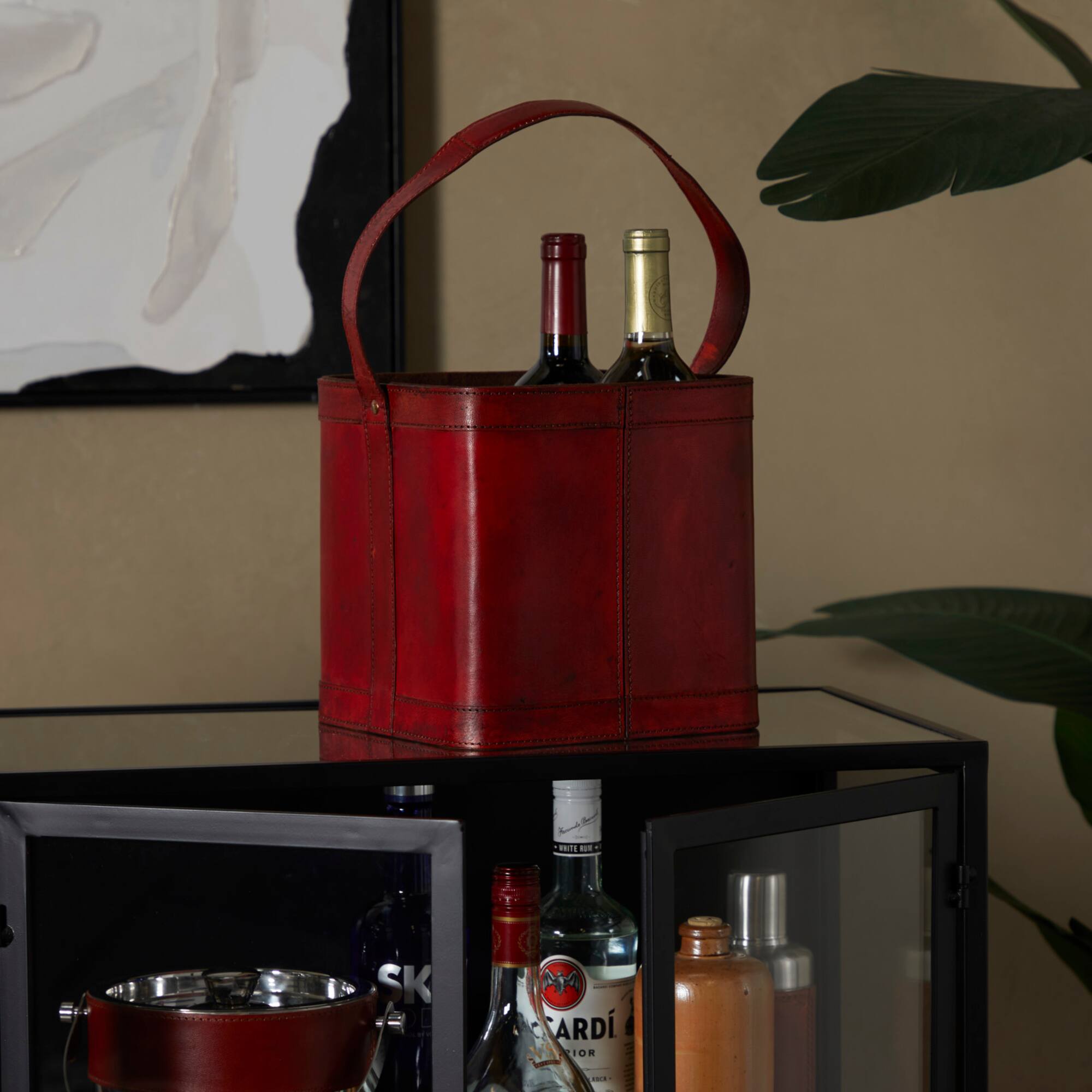 9" Red Leather 4-Bottle Wine Holder with Carrying Handle